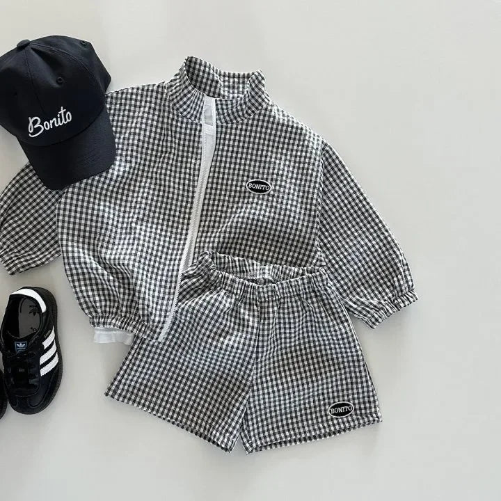 Boys Korean Plaid Sun Coat & Shorts Set – Long Sleeve Zipper 2-Piece Summer Outfit