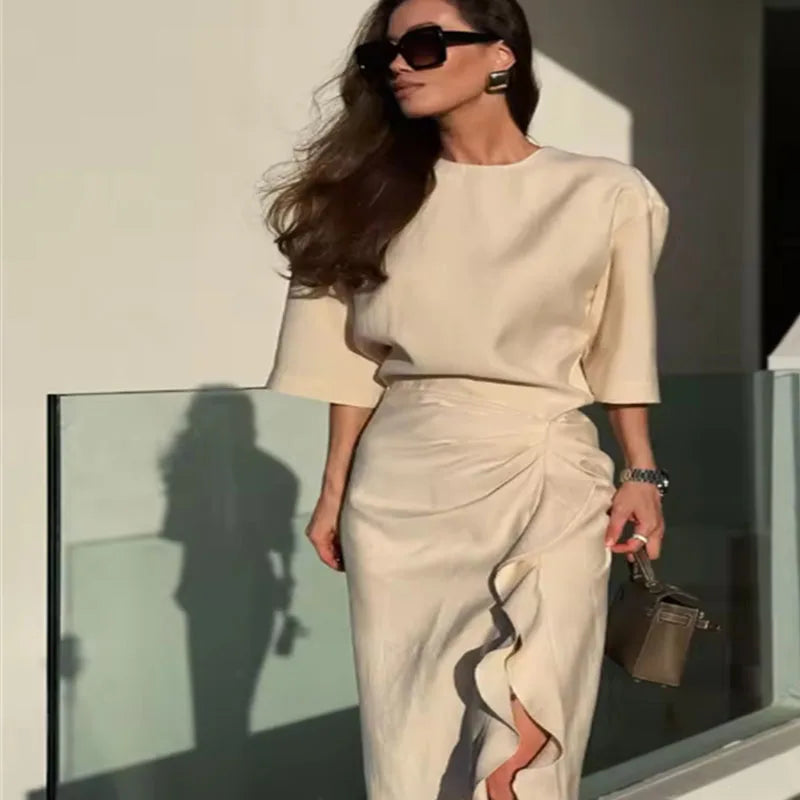 Elegant Beige Midi Dress Women Half Sleeve Round Neck Ruched Waist Ruffle Slit Formal Outfit