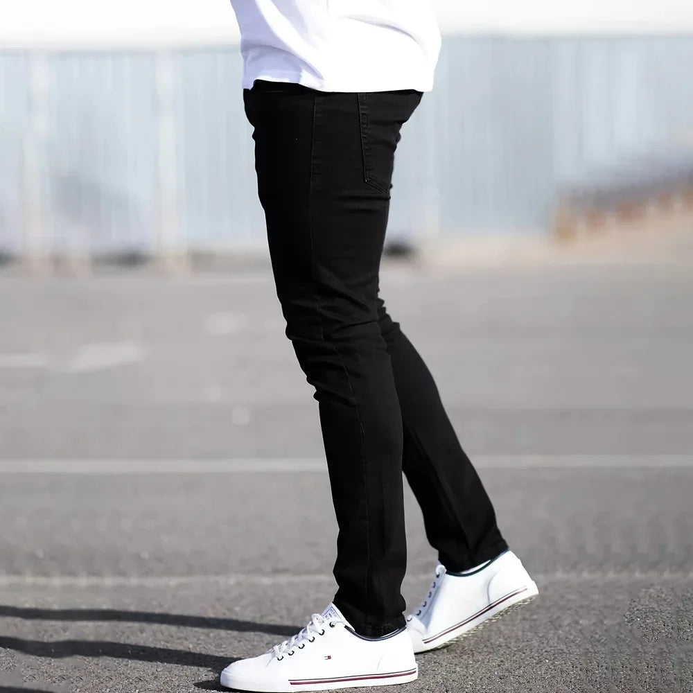 Spring Mens Black Blue Pants Pure Color Stretch Jeans Street Casual Slim Fit Trousers Male Vintage Wash Skinny Jeans for Men