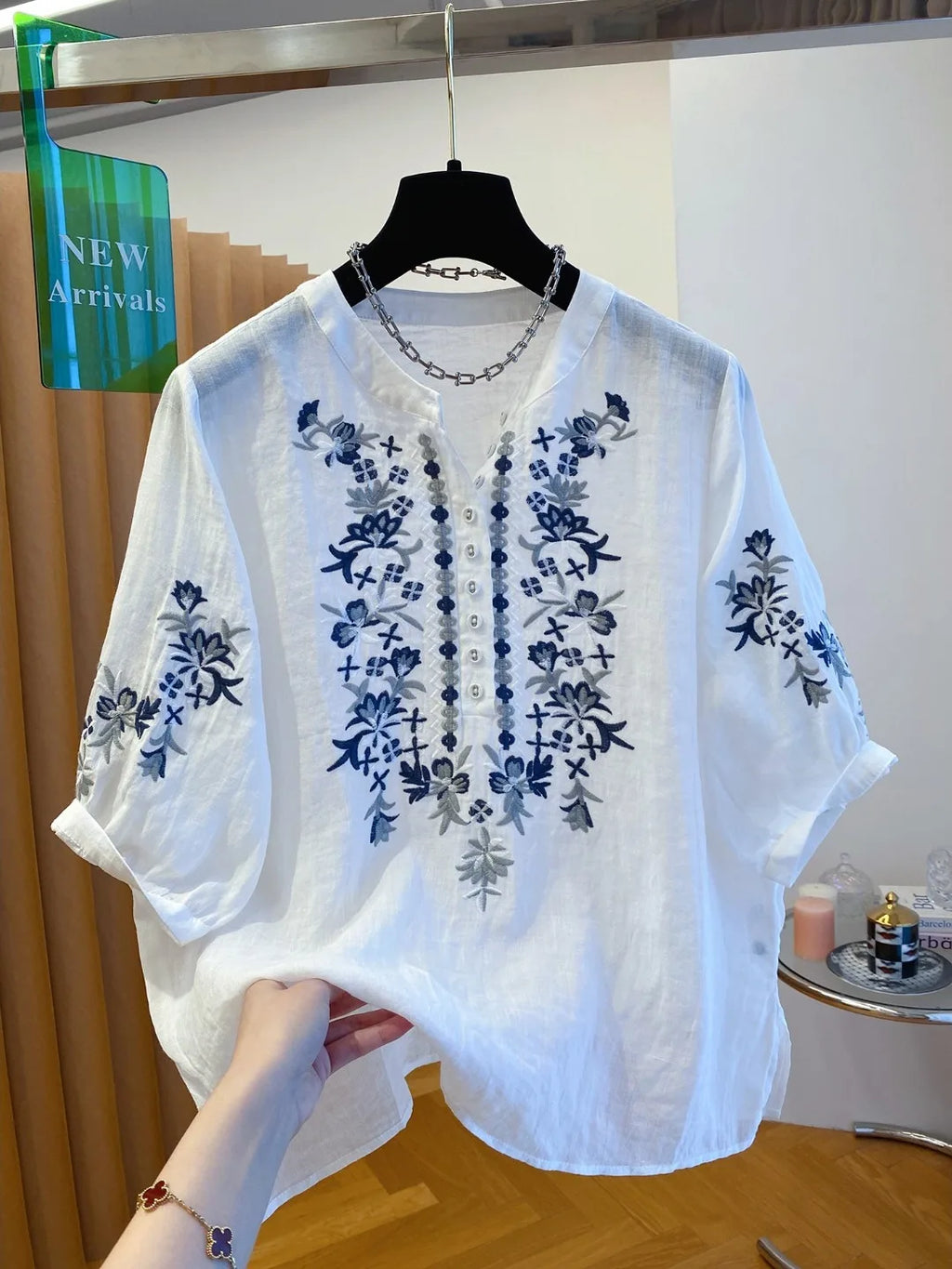 Women's Blue Linen Heavy Embroidery Blouse – Loose Five-Quarter Sleeve Commute Top