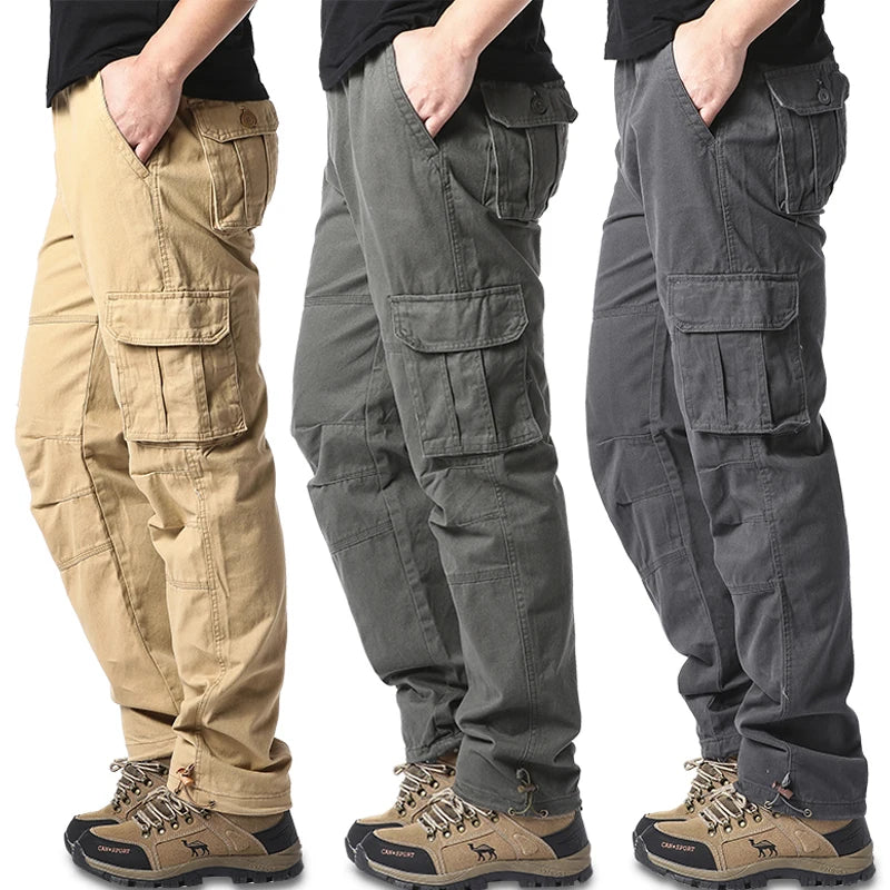 Men's Large Pocket Loose Tactical Jogger Pants – Cotton Elastic Waist Cargo Trousers