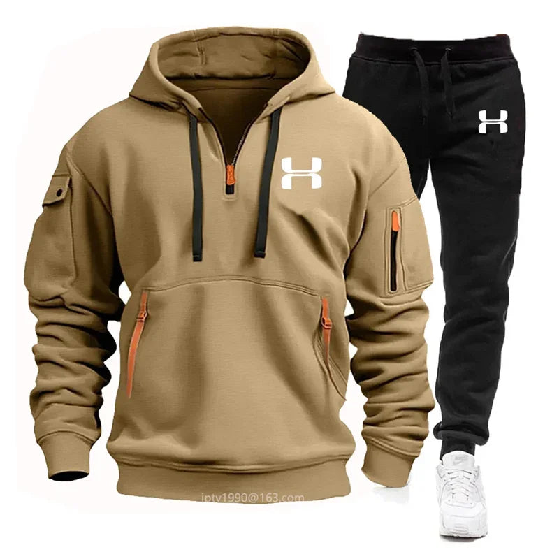 Men's Multi-Pocket Hoodie & Jogger Pants Set – 2-Piece Fitness Tracksuit
