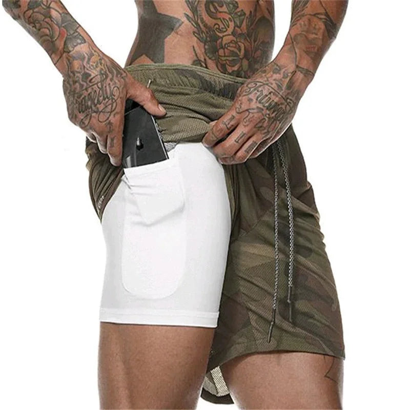 Men's Fitness Built-in pocket casual sports Shorts Summer 2 In 1 Quick Dry Breathable Double-deck men Shorts mesh sweatpants