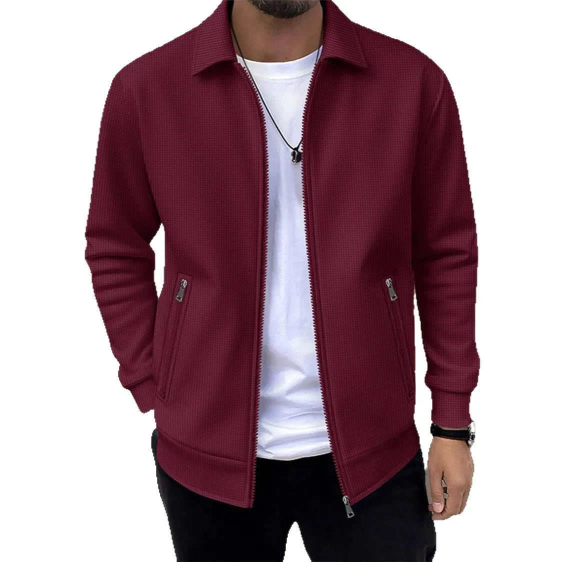 Men's Slim Waffle Texture Zipper Cardigan – Casual Spring Autumn Fashion Top