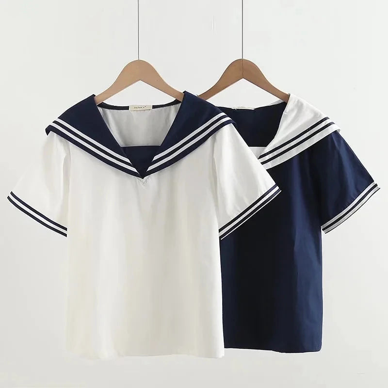 Women's Navy Sailor Collar Patchwork Blouse – Short Sleeve Pullover Summer Top