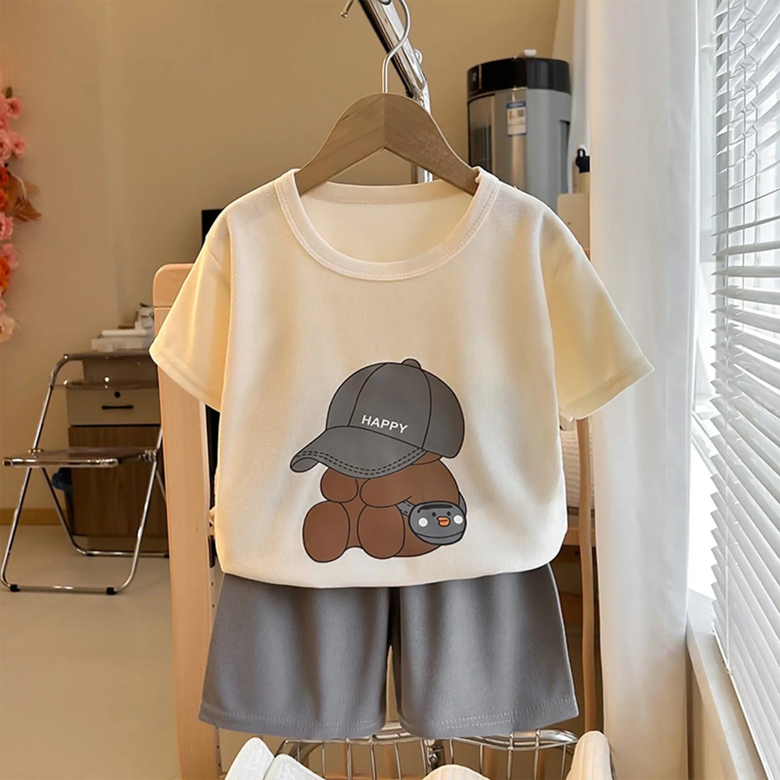 Boys Bear Print Short Sleeve T-Shirt & Shorts Set – Cotton 2-Piece Casual Outfit