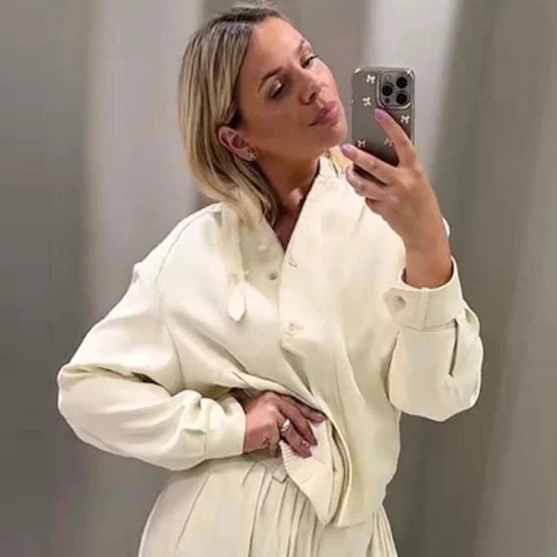 HXAO 2025 Women's Bomber Jacket Autumn Winter Button Oversized Outerwears Beige Long Sleeve Top New In Coats & Jackets Chic Coat