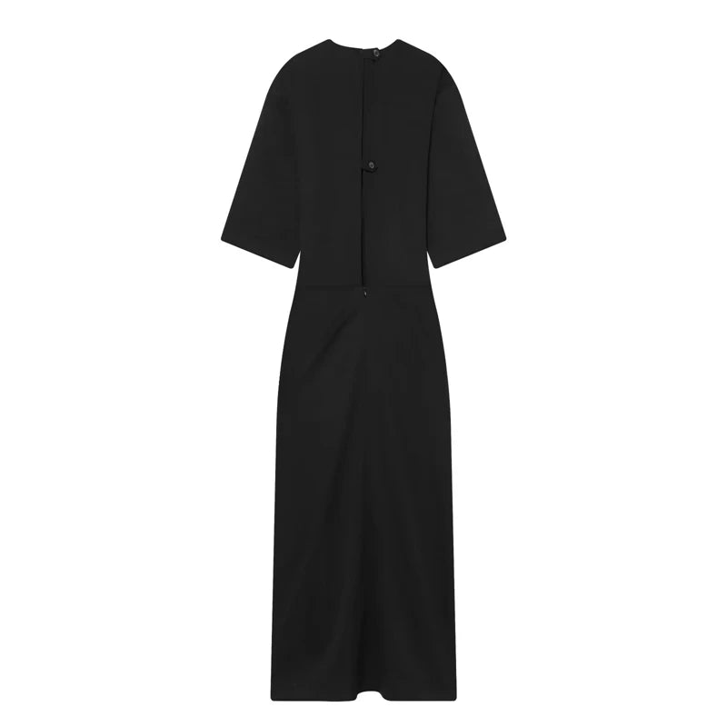 Elegant Beige Midi Dress Women Half Sleeve Round Neck Ruched Waist Ruffle Slit Formal Outfit