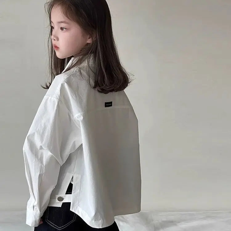 Girls Korean Style Loose White Long Sleeve Shirt – Versatile Casual Blouse
