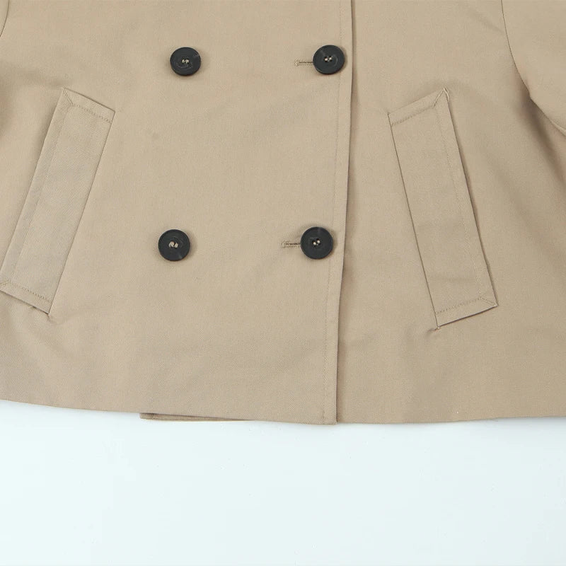 Women's Khaki Double-Breasted Short Trench Jacket – Notched Neck Chic Coat