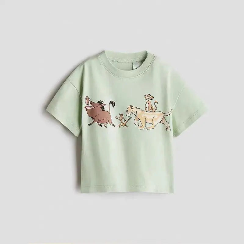 Boys Cartoon Print Round Neck Short Sleeve Top – Cute Solid Summer Tee