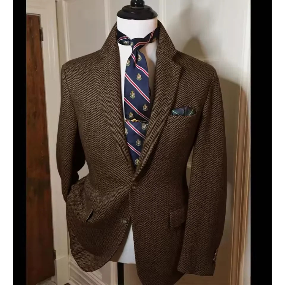 Men's Herringbone Tweed Blazer – Vintage British Slim Fit Wool Blend Suit Jacket