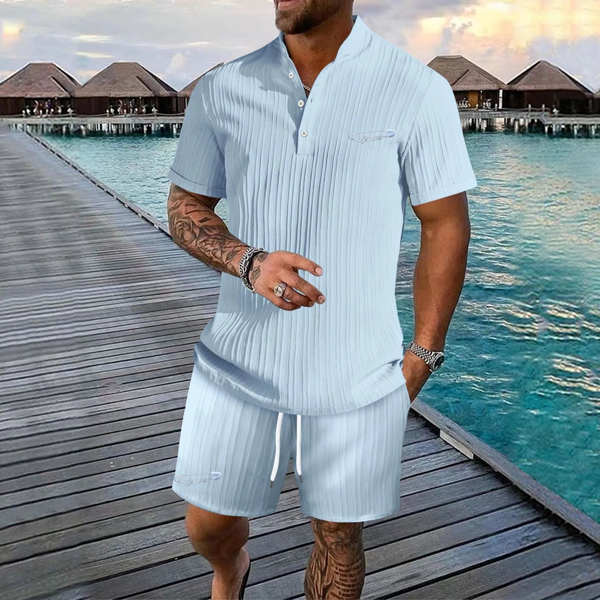 Men's Ice Silk Ultra-Thin Ultra-Light Short Sleeve Polo Casual Monochromatic Sport Set for Beach Surfing Summer 2026