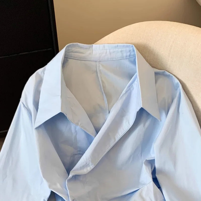 Women's Irregular Long Sleeve Polo Tunic Shirt – Elegant White Basic Work Blouse
