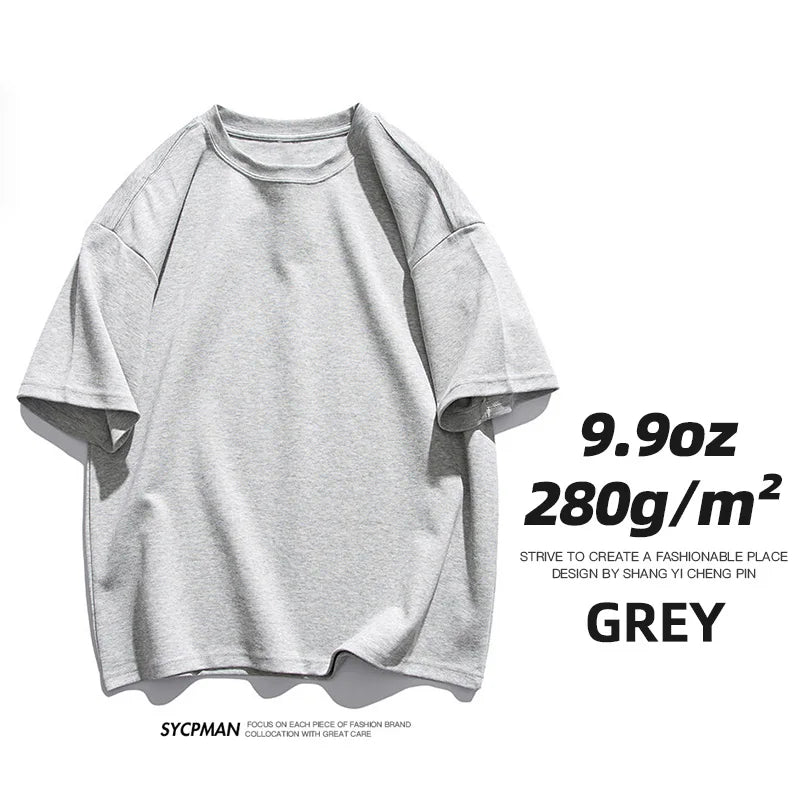 Sypcman Men's Oversized T-Shirt 9.9oz 280 Grams Heavy High Quality Short Sleeve Cotton Tee Solid Color Unisex Streetwear