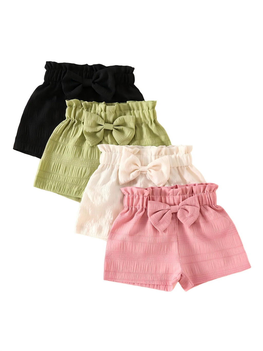4pcs Girls' Casual Solid Color Polyester Shorts with 3D Bow Detail, Regular Fit Woven Fabric for Spring/Summer - 95% Polyester,