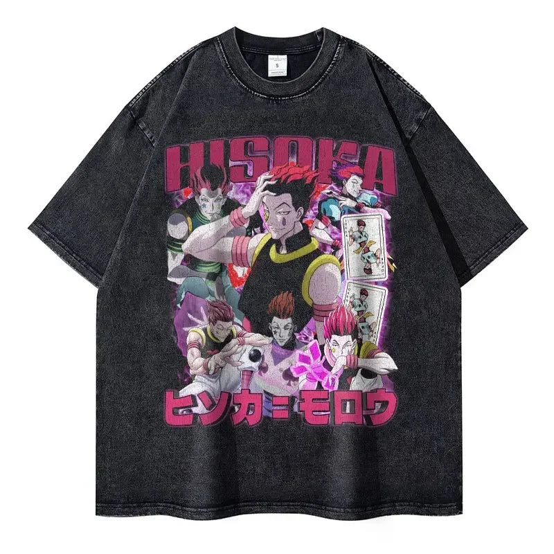 Kurapika T-shirts Vintage Washed Anime Hunter T Shirt Oversize Manga Killua Zoldyck Gon Hisoka Chrollo Tops Tees Men 100% Cotton