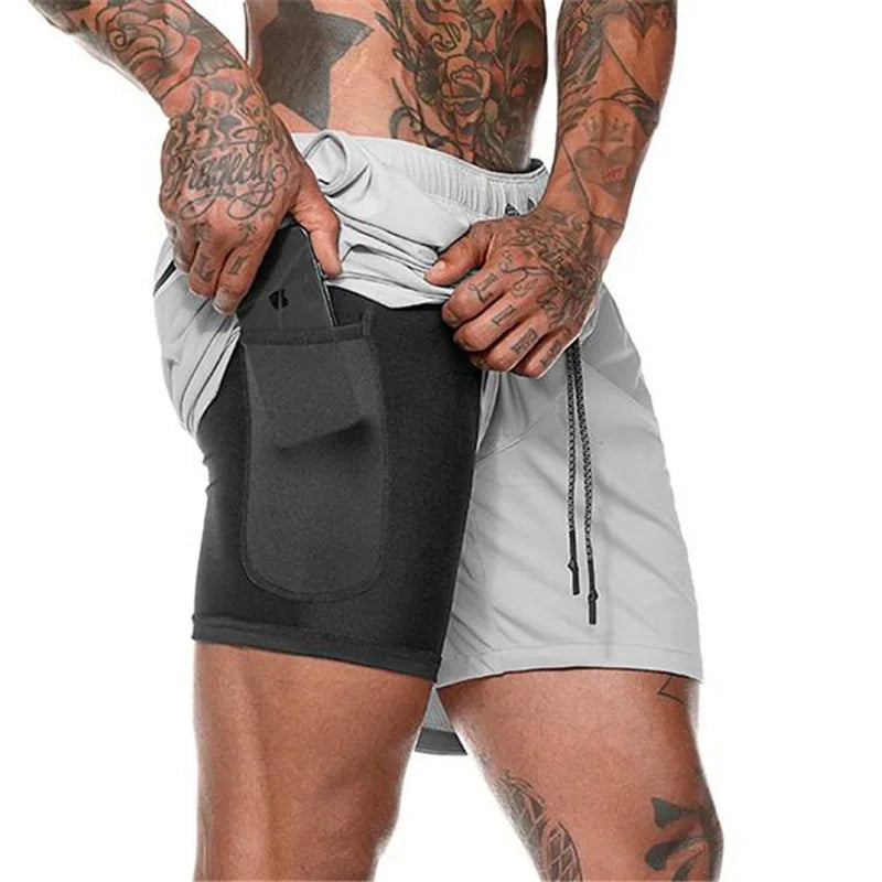 Men's Fitness Built-in pocket casual sports Shorts Summer 2 In 1 Quick Dry Breathable Double-deck men Shorts mesh sweatpants