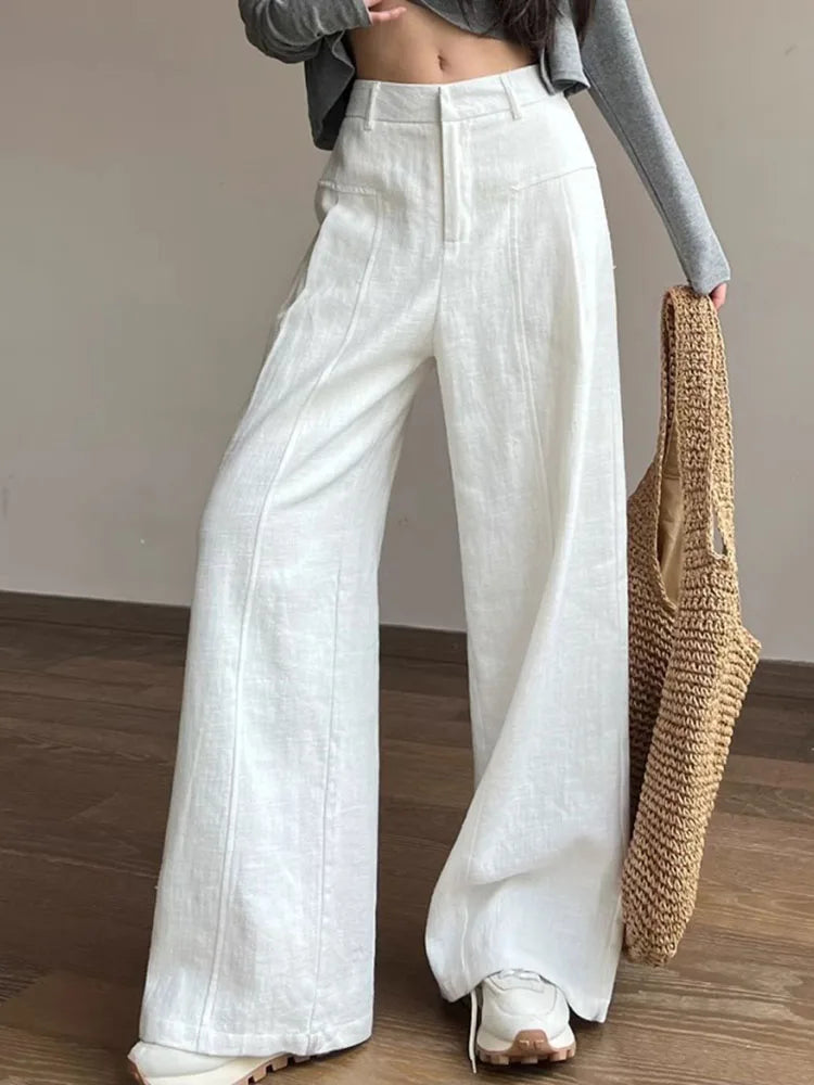 Women's White Cotton High Waist Wide Leg Office Pants – Formal Straight Leg Trousers