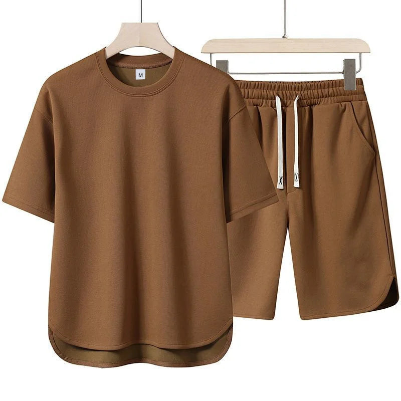2025 Summer New Men Suit Round Neck Short Sleeve T-shirt+shorts Two Piece Set Loose Outdoor Sports Casual Solid Color Tracksuit