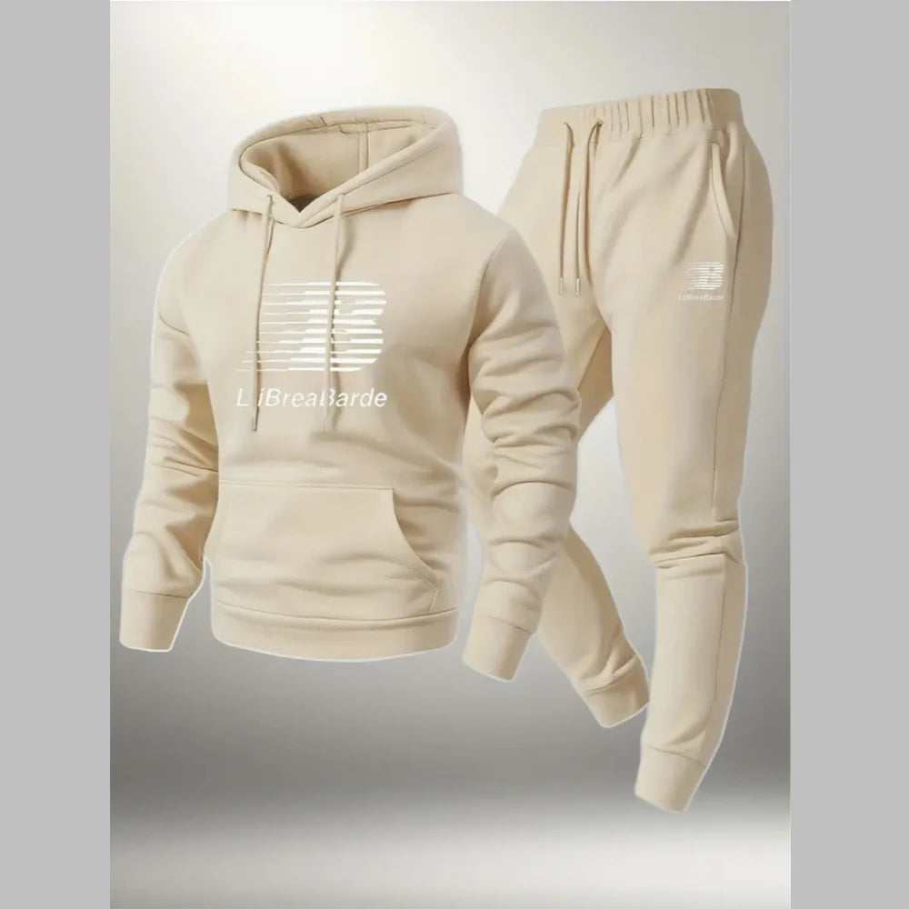 Men's letter printed casual hooded sports set -100% polyester fiber long sleeved pullover paired with drawstring running pants,