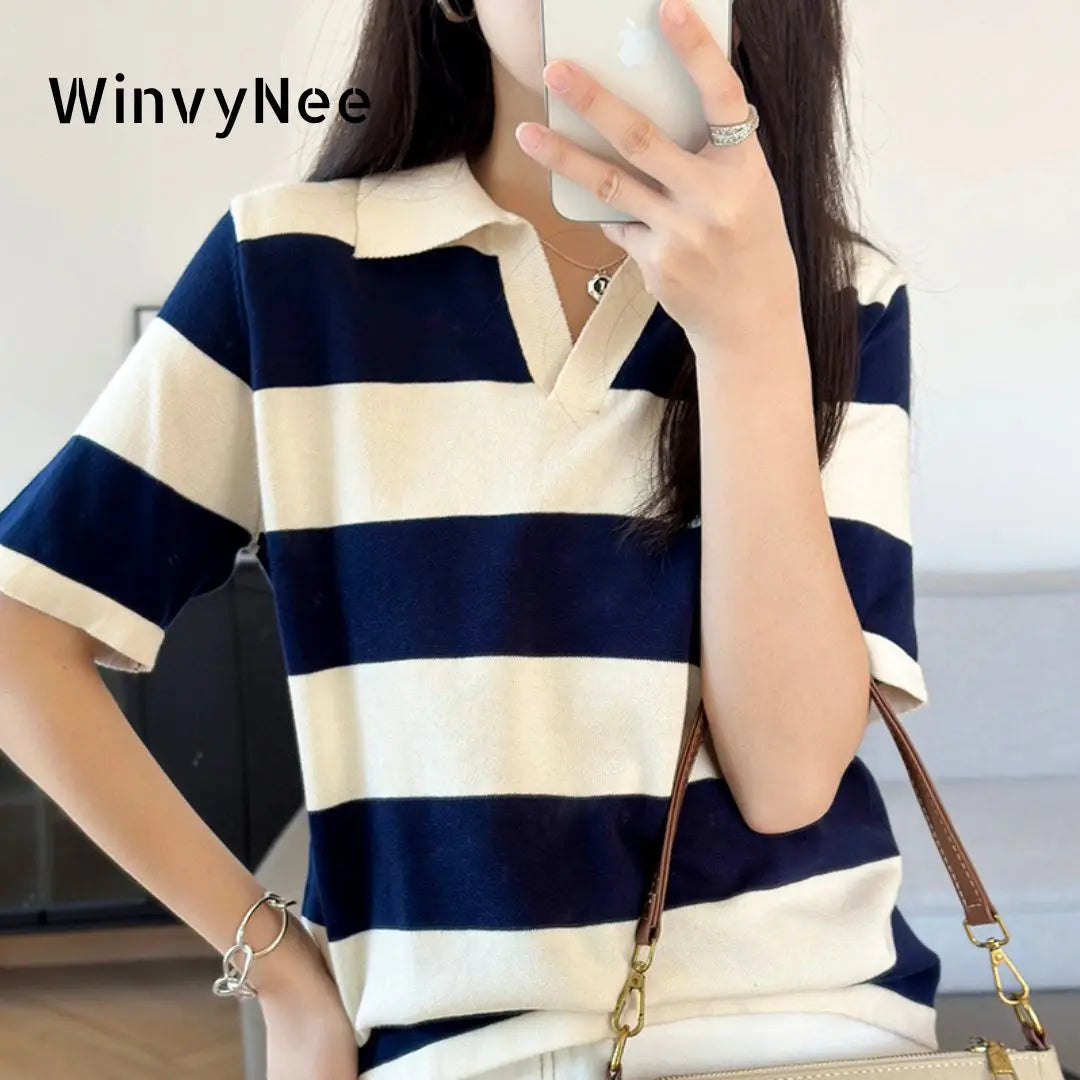 Women's Solid Polo Shirt – Half Sleeve Cotton Striped Casual Knit T-Shirt