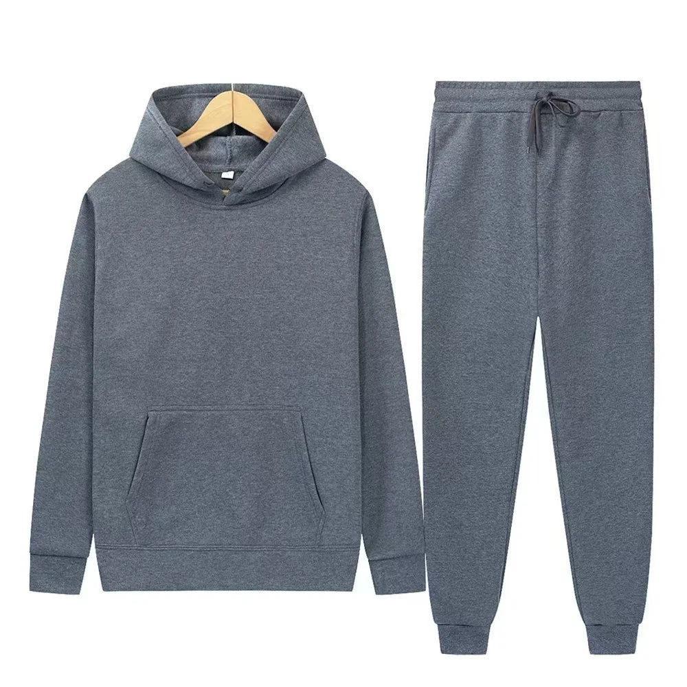 Men's Solid Color Hoodie & Pants 2-Piece Set – Casual Sports Tracksuit