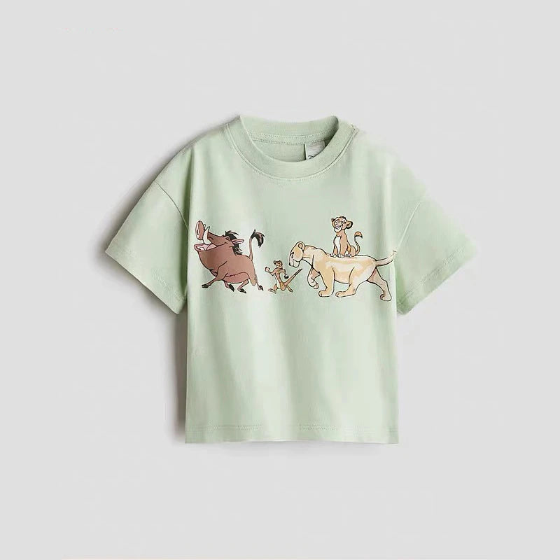 Boys Cartoon Print Round Neck Short Sleeve Top – Cute Solid Summer Tee