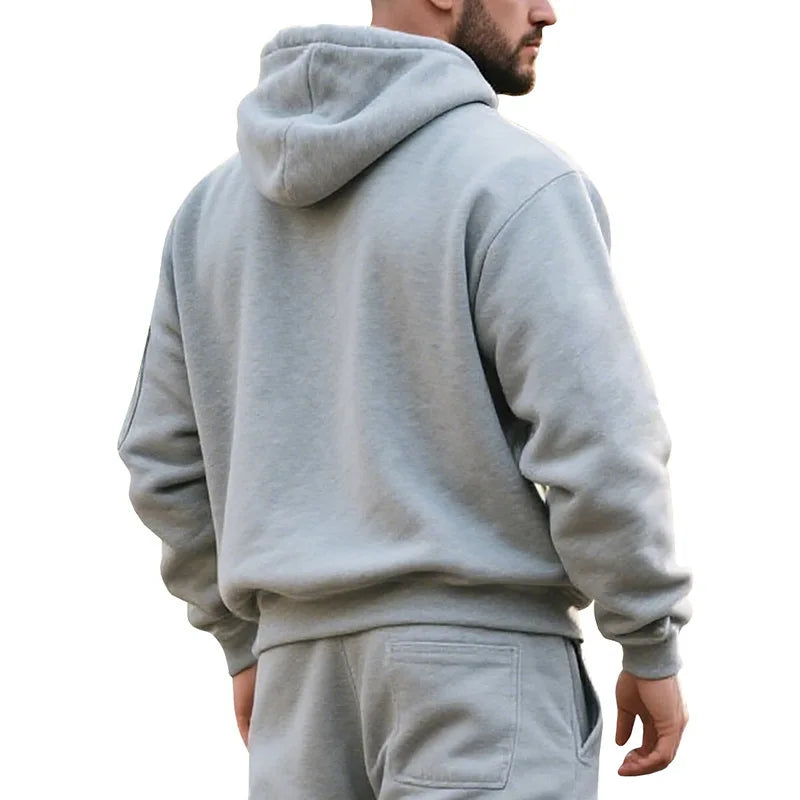 Men's Fleece-Lined Hooded Sweatshirt Set Sporty Casual Trendy Brand Solid Color Sweatpants Autumn Winter 2025