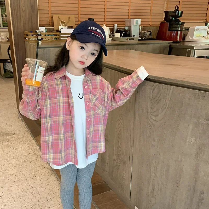 Girls Pink Plaid Long Sleeve Shirt Coat – Korean Style Sweet Outerwear