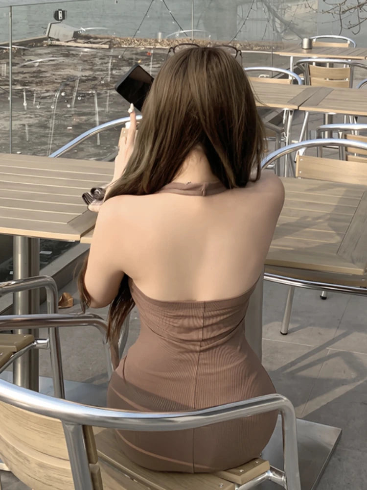 Women Dresses Backless Chic Sleeveless Summer Solid Slim Abdomen Mature Skinny American Style Retro Leisure