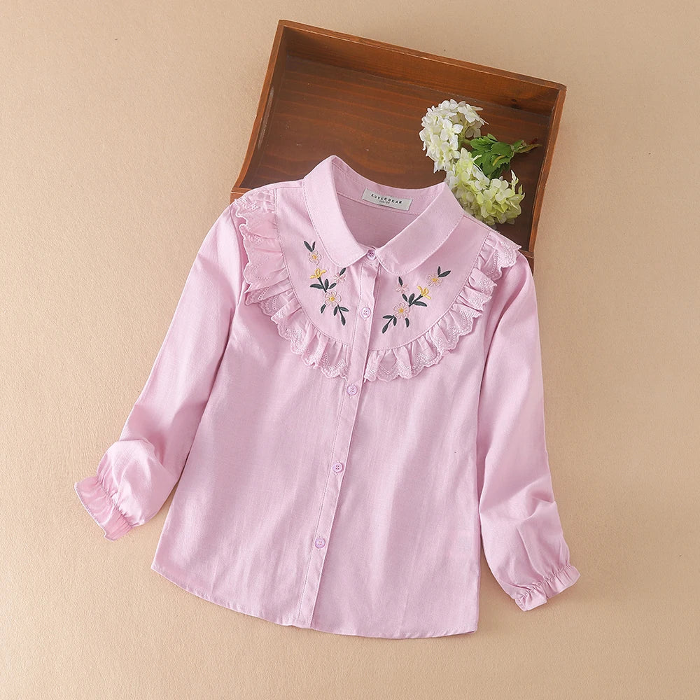 Girls Embroidery White Long Sleeve Blouse – 100% Cotton School Shirt Ages 8–12