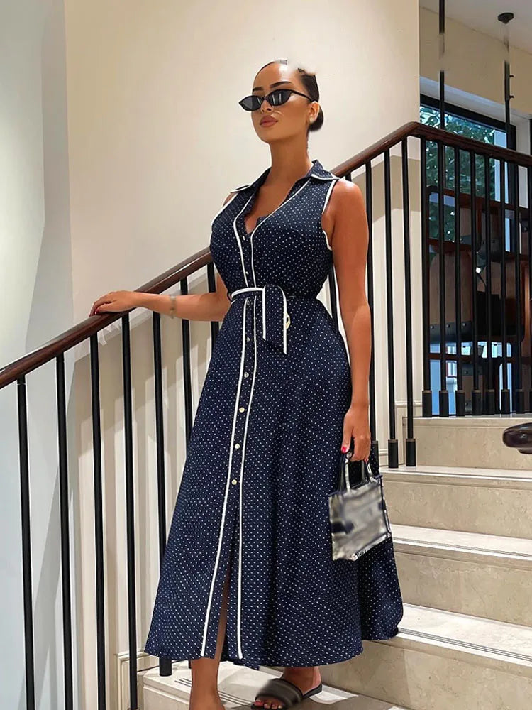 HH Woman Elegant Chic Sleeveless Single-breasted Midi Dress Summer Women Sexy White Polka Dot Shirt Style Chart Dress Mujer