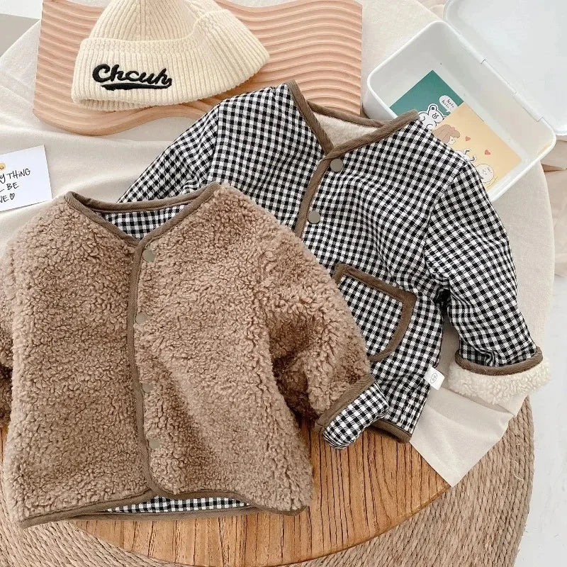 Kids Reversible Plaid Plush Jacket – Two-Sided Warm Winter Coat