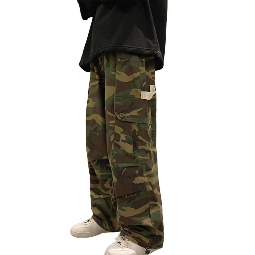 Casual Men Pants Male Jogging Trousers Drawstring Straight Printed Mid Waist Pants