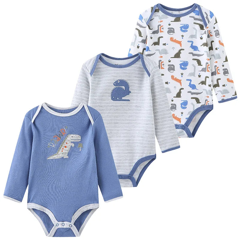 Newborn Cartoon Long Sleeve Bodysuit – 100% Cotton Baby Onesie 3-Pack
