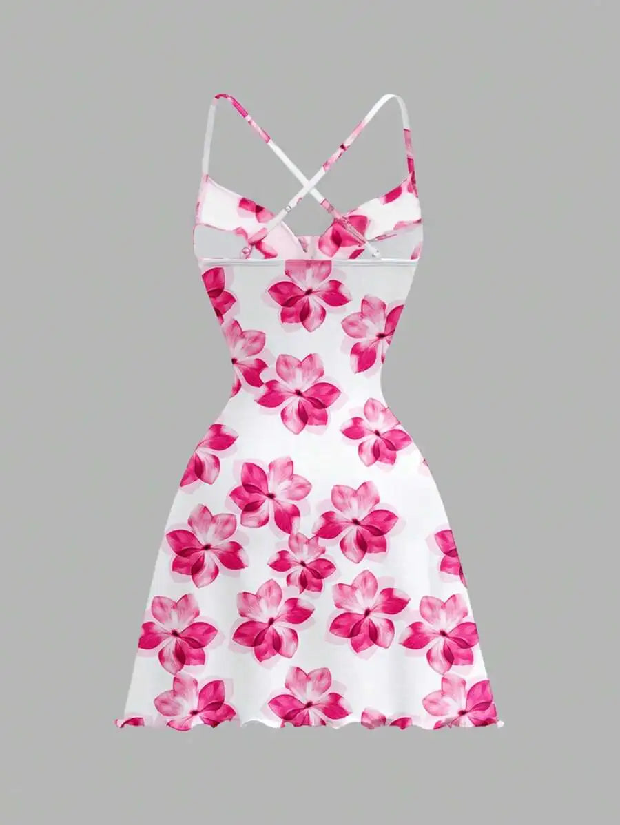 Women's Floral Print Knit Mini Dress – Crisscross Straps Lettuce Hem Going-Out Style