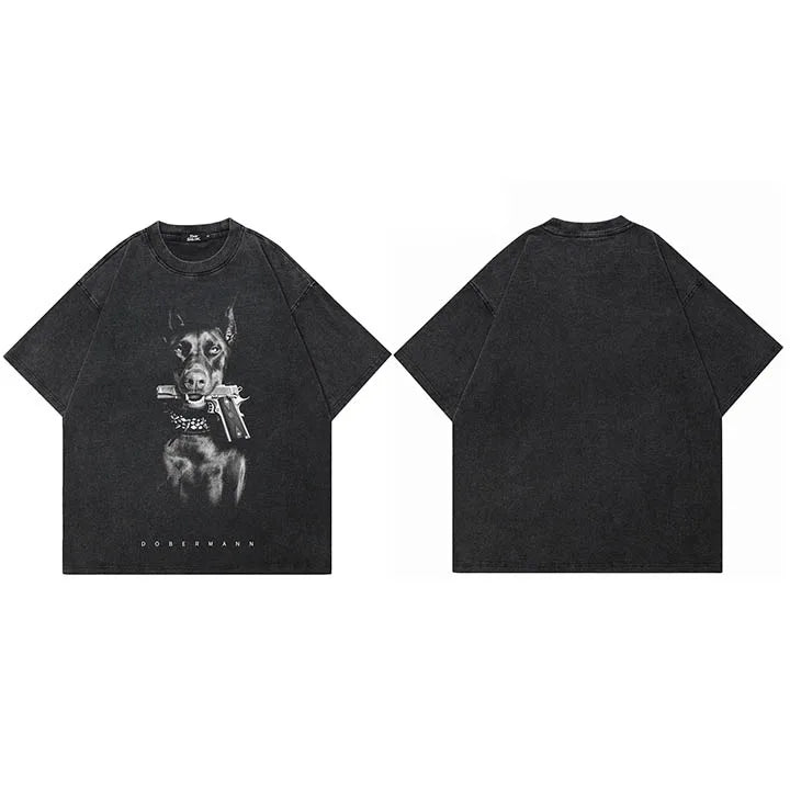 Hip Hop 2024 Vintage Washed Black T-Shirt Streetwear Doberman Dog Gun Graphic T Shirt Cotton Unisex Tshirt Men Tops Tee Hipster