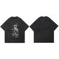 Hip Hop 2024 Vintage Washed Black T-Shirt Streetwear Doberman Dog Gun Graphic T Shirt Cotton Unisex Tshirt Men Tops Tee Hipster