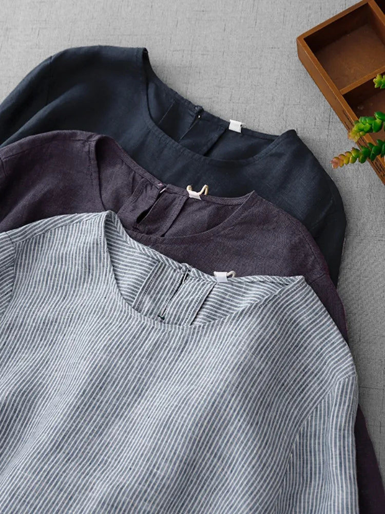 Retro Cotton Linen Mid-Sleeve Dress Summer New Style Slimming Women's A-Line Midi Skirt Casual Loose Waist Comfortable Fit