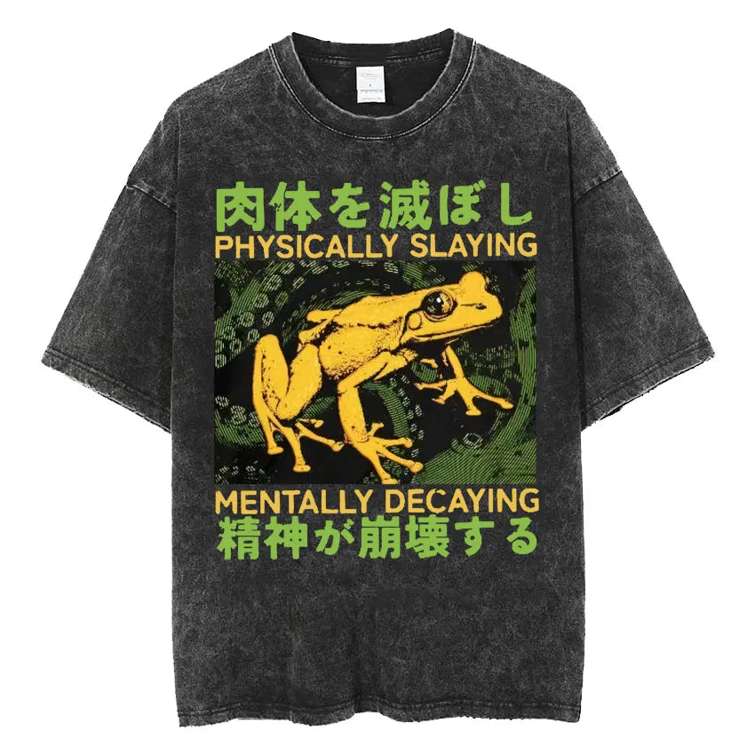 Men's Japanese Frog Retro Washed Oversized T-Shirt – Funny Graphic Streetwear Tee