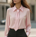 Women's Elegant Satin Work Shirt – Plain Modern Casual Long Sleeve Collar Top
