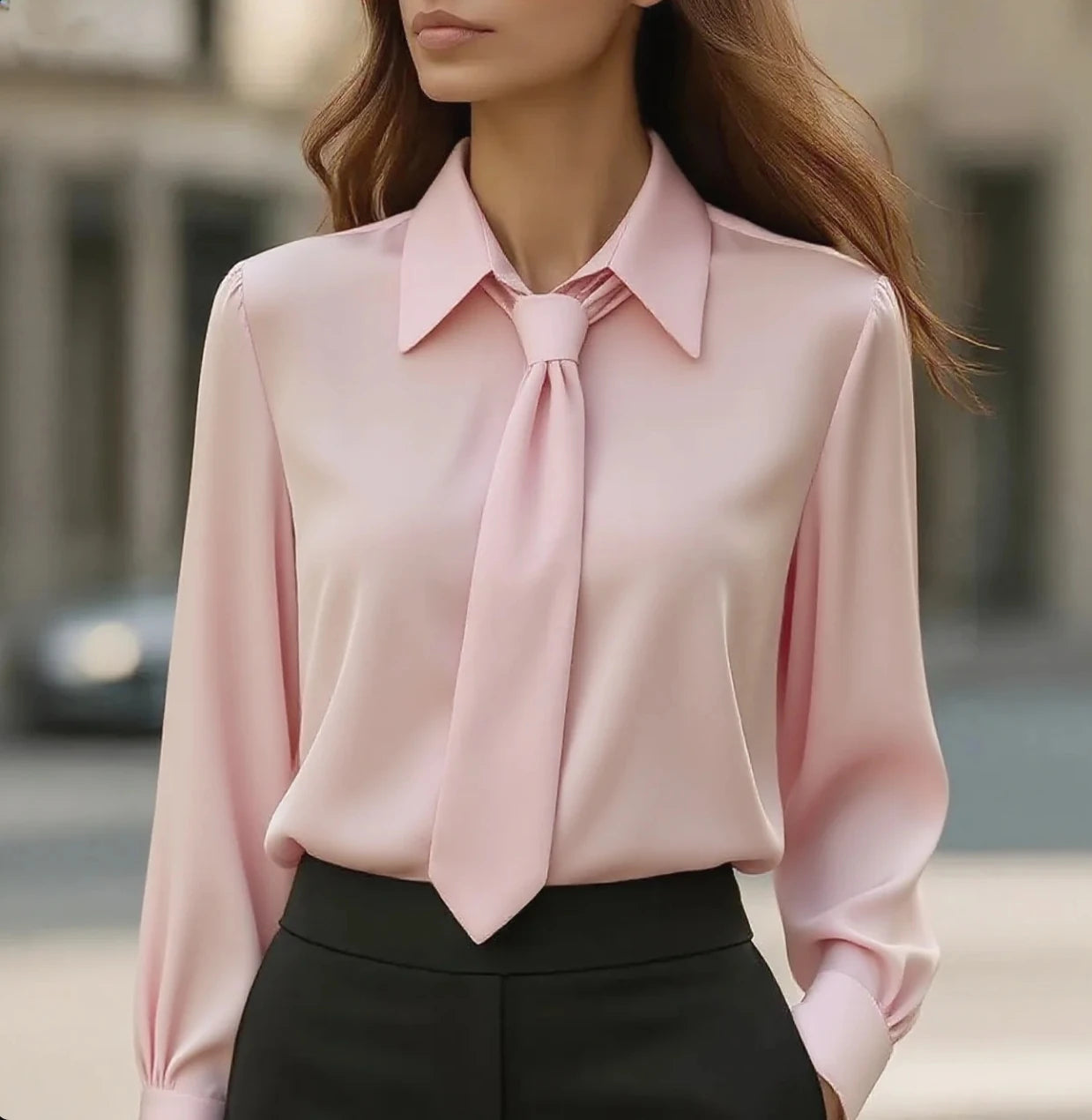 Women's Elegant Satin Work Shirt – Plain Modern Casual Long Sleeve Collar Top