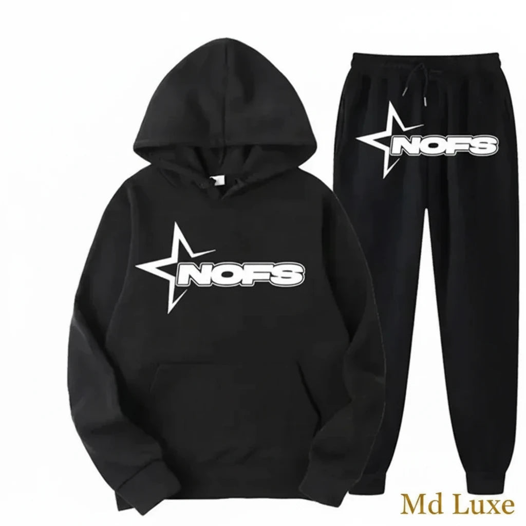 Streetwear NOFS Star Print Tracksuit Black Hoodie and Joggers Set for Men Women
