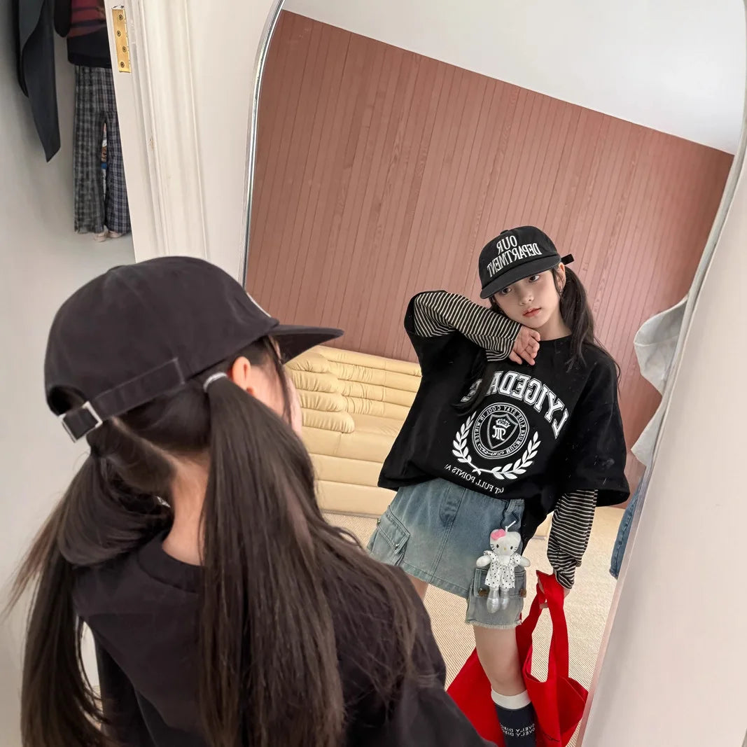 Kids Fake Two-Piece Striped Long Sleeve Top – Oversized Contrast Casual Shirt