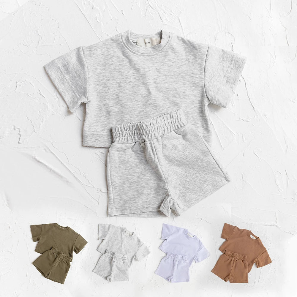 Kids Solid Color T-Shirt & Shorts Summer Set – Soft Casual 2-Piece Outfit