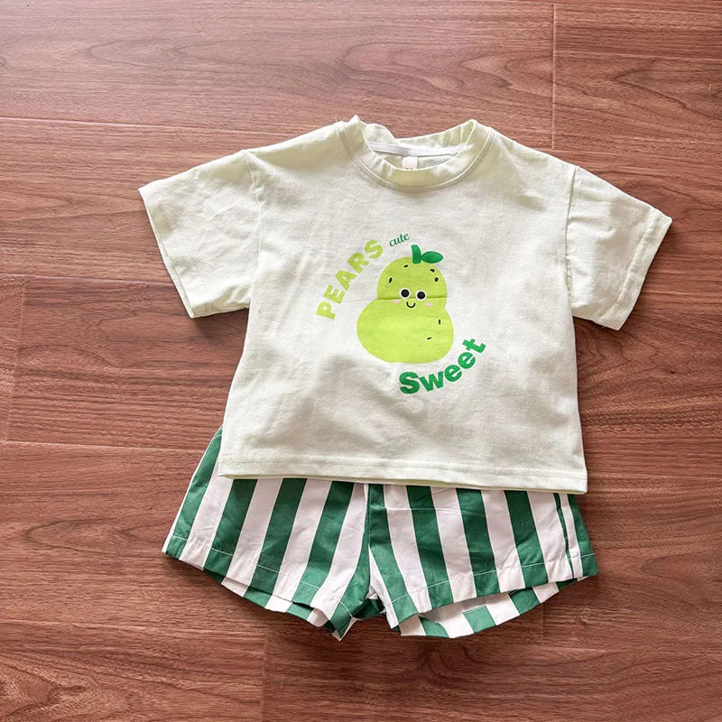 MILANCEL New Summer Kids Clothes Set 1-9T Girls Cartoon T-shirt+Striped Shorts Cotton Loose Boys Tee Suit Children Outfit 2PCS