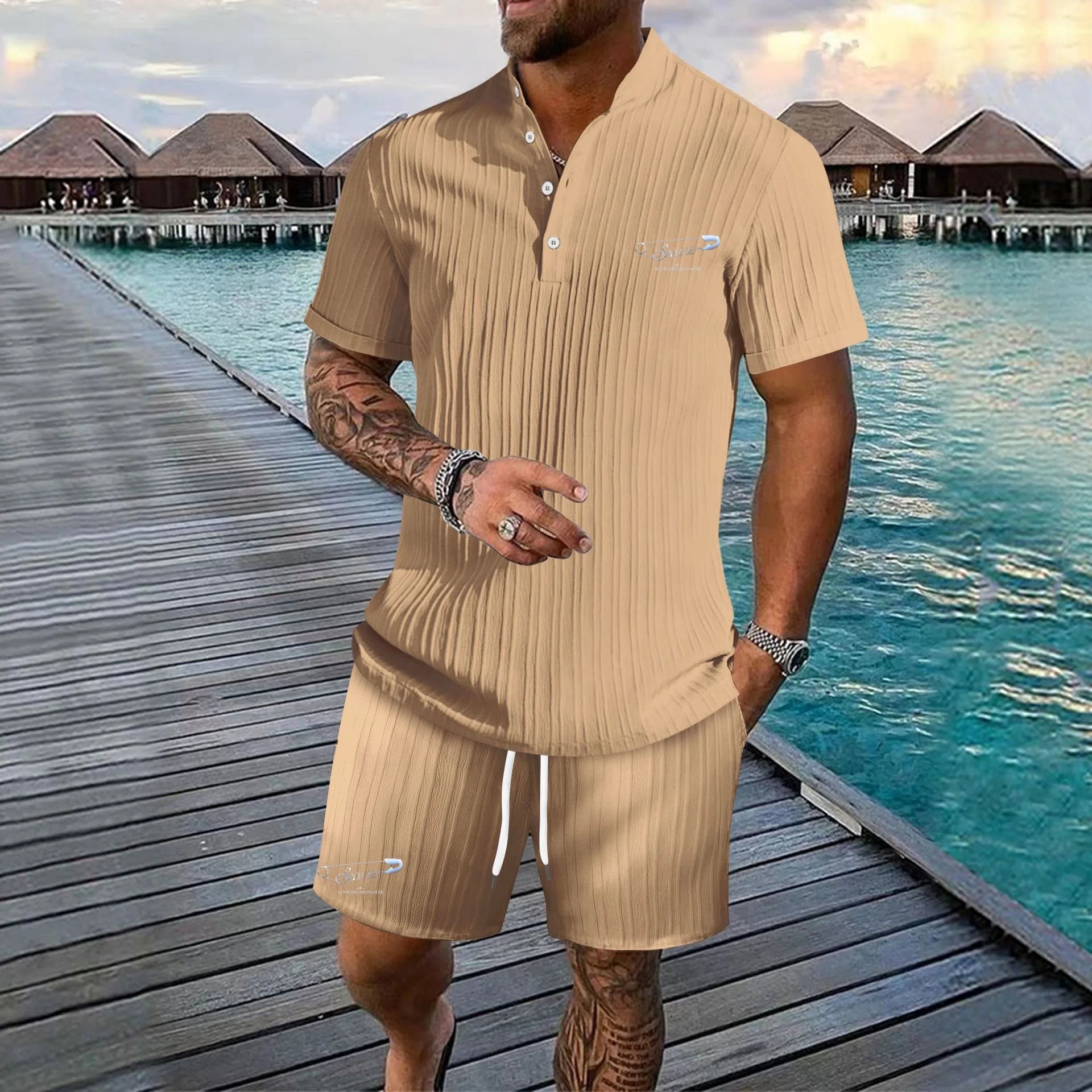 Men's Ice Silk Ultra-Thin Ultra-Light Short Sleeve Polo Casual Monochromatic Sport Set for Beach Surfing Summer 2026
