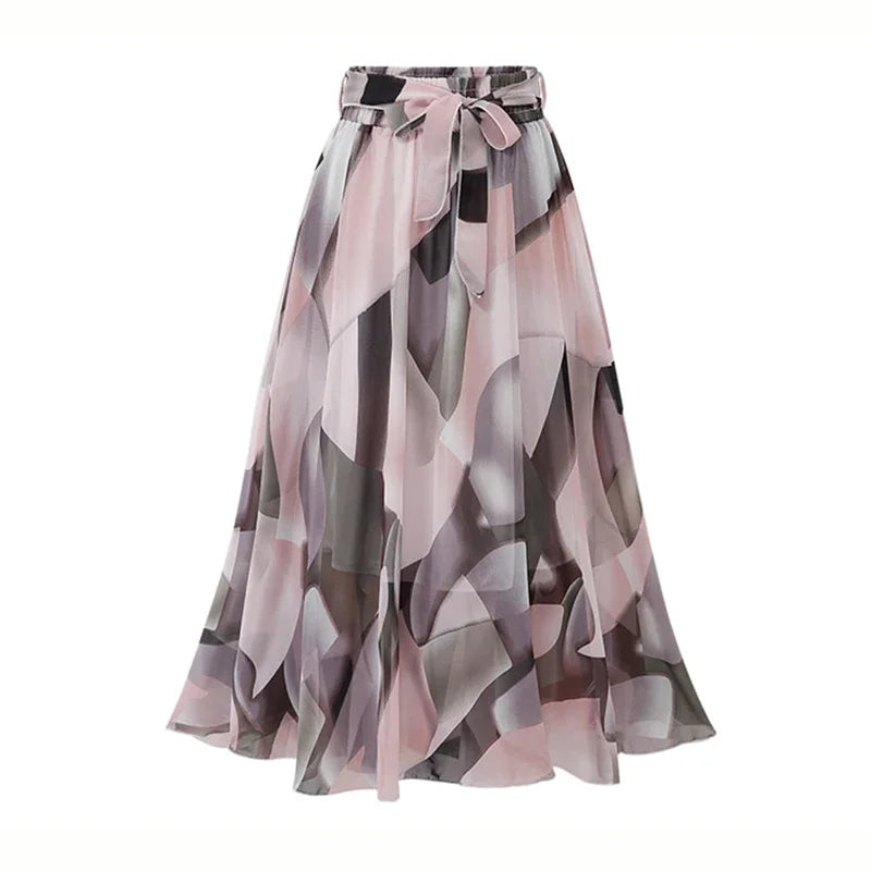 Women's Floral Print Chiffon A-Line Beach Midi Skirt – Casual Elastic Waist Plus Size
