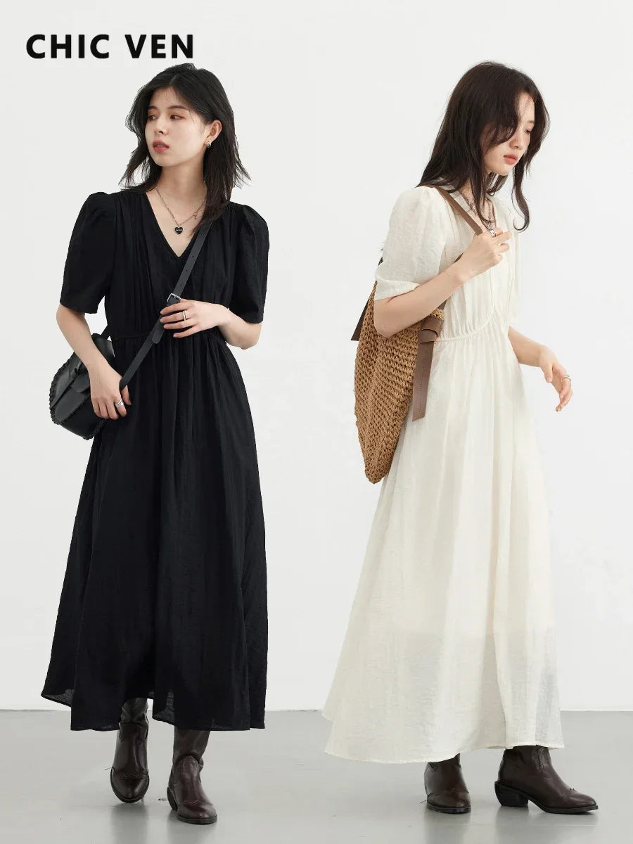 CHIC VEN Fashion Women Dresses Vintage V-neck Puff Sleeve Long Dress Solid White Loose Female Clothing Summer New 2026